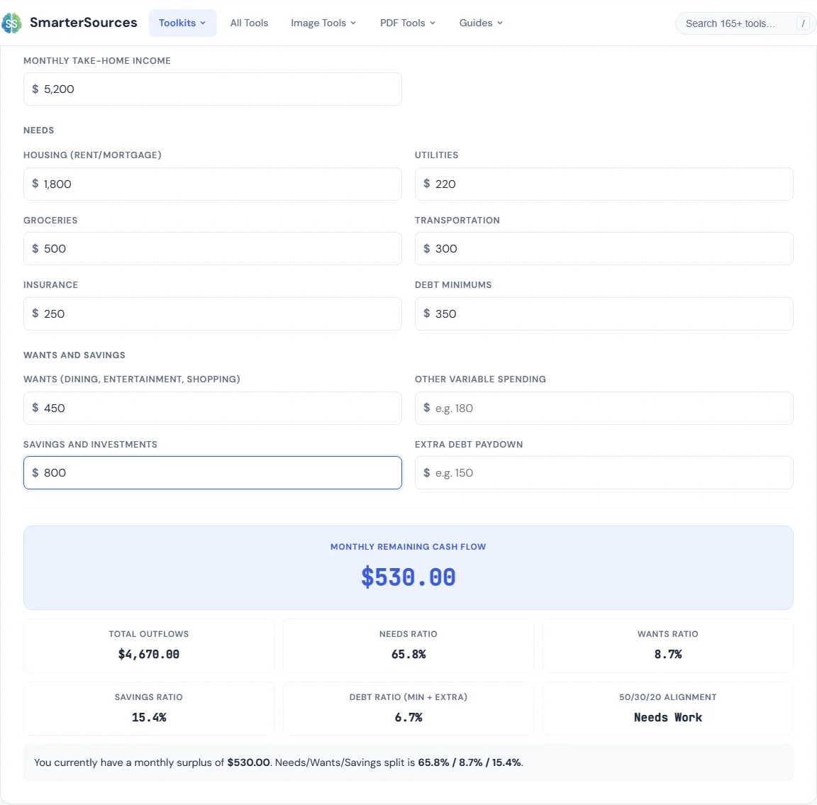 Budget Calculator &mdash; free monthly budget tool on SmarterSources