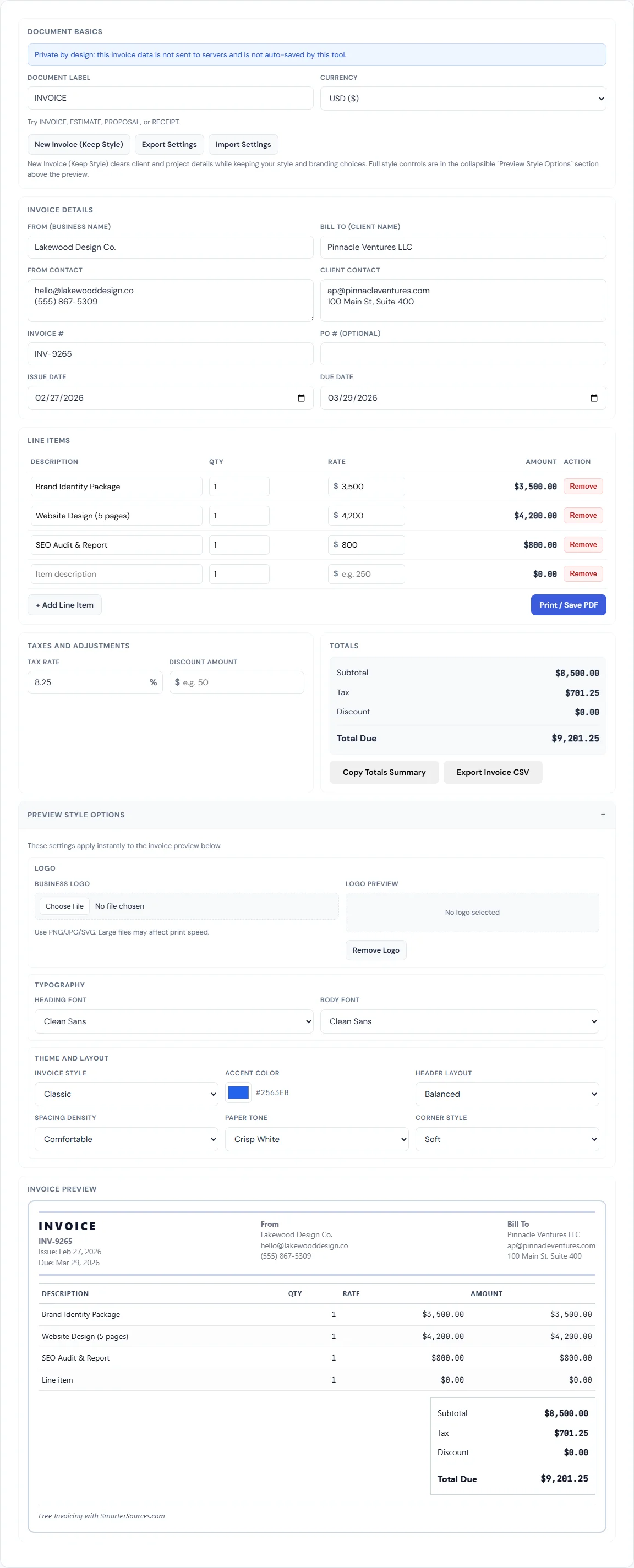 Invoice Generator &mdash; free browser tool on SmarterSources