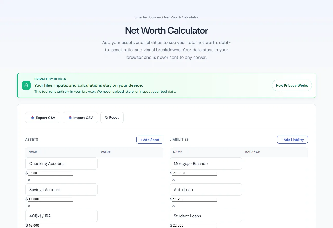 Net Worth Calculator — free browser tool on SmarterSources